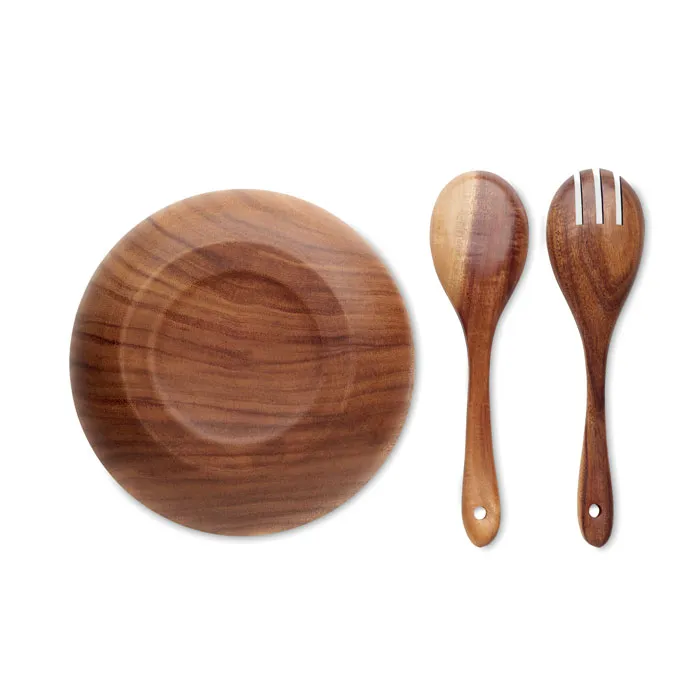 Saladeira e utensílios de madeira de acácia