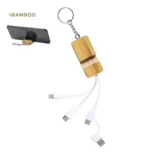 Carregador com porta-chaves e suporte para smartphone feito em bambu