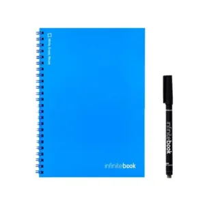 Bloco de notas A5 - Infinitebook - com capa flexível e argolas a condizer com a cor da capa. Contém 15 páginas lisas estilo quadro branco e marcador preto. Este bloco de notas